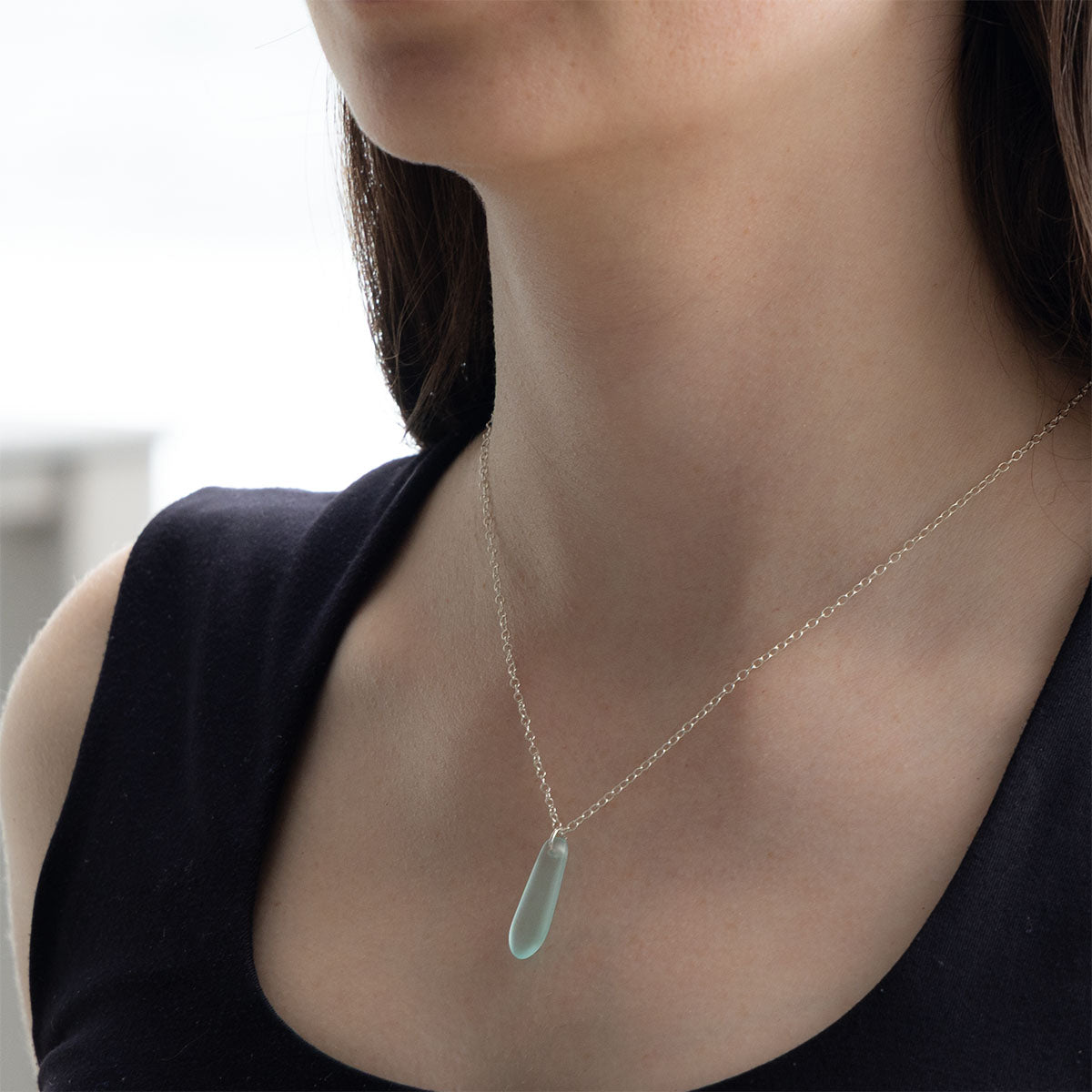 LIGHT AQUA TEARDROP COASTAL GLASS NECKLACE SILVER PLATED