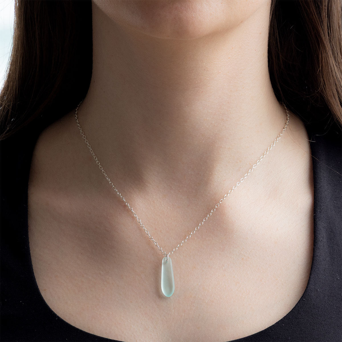 LIGHT AQUA TEARDROP COASTAL GLASS NECKLACE SILVER PLATED