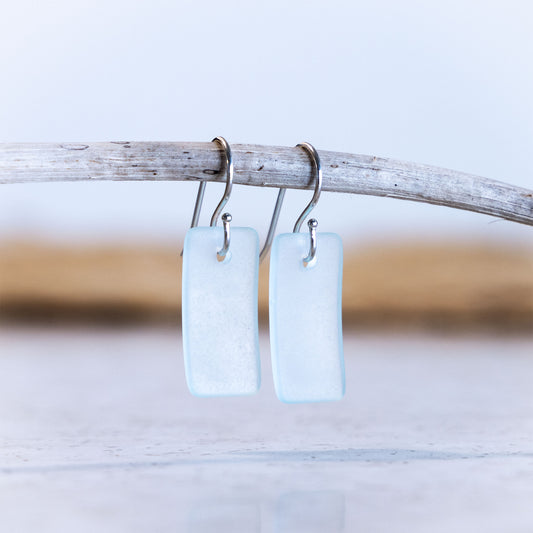 LIGHT AQUA RECTANGLE COASTAL GLASS EARRINGS | STERLING SILVER