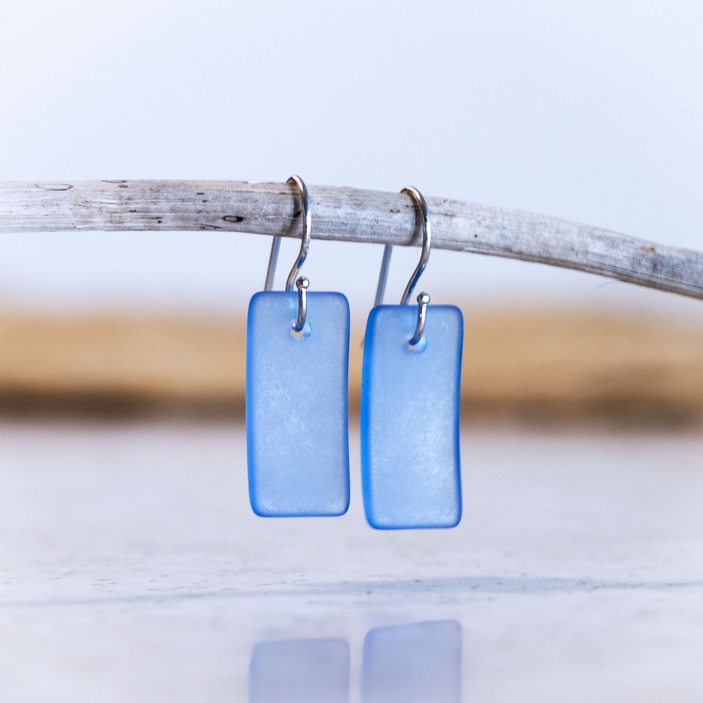 SKY BLUE RECTANGLE COASTAL GLASS EARRINGS | STERLING SILVER