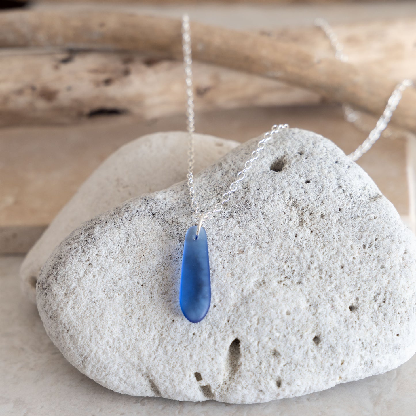 SKY BLUE TEARDROP COASTAL GLASS NECKLACE | SILVER PLATED