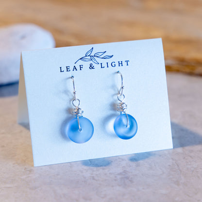SKY BLUE WIRE WRAPPED COASTAL GLASS EARRINGS | SILVER PLATED
