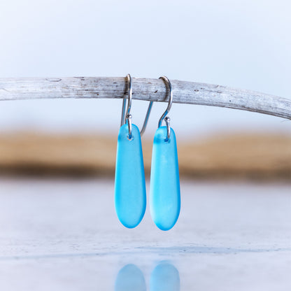 LIGHT TURQUOISE TEARDROP COASTAL GLASS EARRINGS | STERLING SILVER