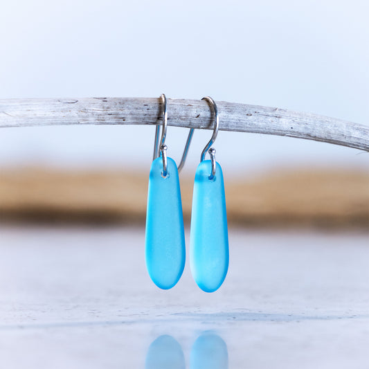 LIGHT TURQUOISE TEARDROP COASTAL GLASS EARRINGS | STERLING SILVER