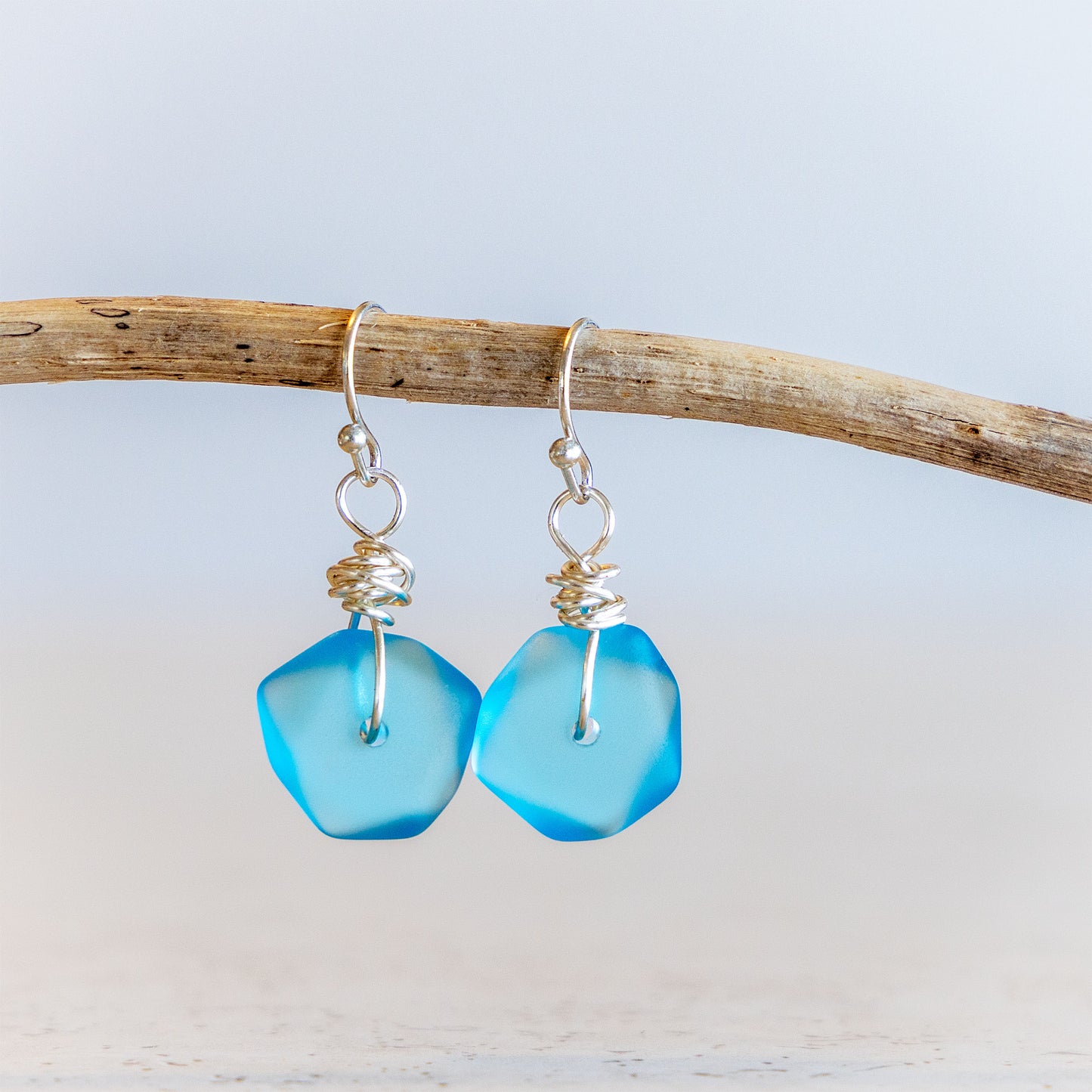 LIGHT TURQUOISE WIRE WRAPPED GLASS EARRINGS | SILVER PLATED