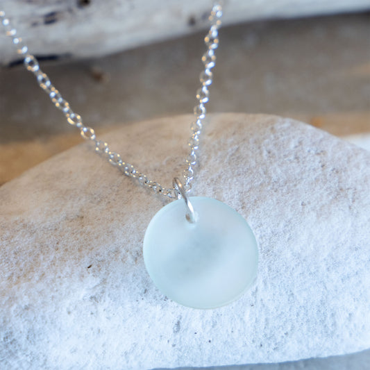 SILVER PLATED COASTAL GLASS NECKLACE - LIGHT AQUA CIRCLE
