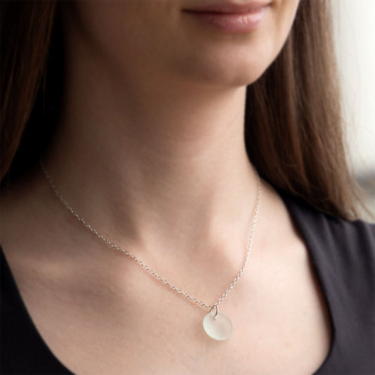 SILVER PLATED COASTAL GLASS NECKLACE - LIGHT AQUA CIRCLE