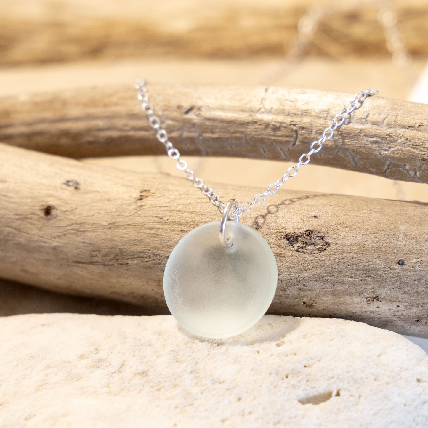 STERLING SILVER COASTAL GLASS NECKLACE - LIGHT AQUA CIRCLE