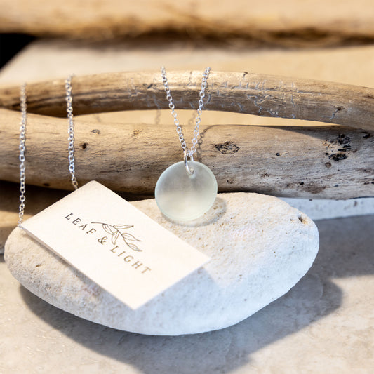 LIGHT AQUA CIRCLE COASTAL GLASS NECKLACE | STERLING SILVER