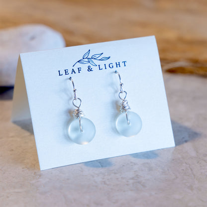 LIGHT AQUA WIRE WRAPPED COASTAL GLASS EARRINGS | SILVER PLATED