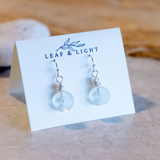 LIGHT AQUA WIRE WRAPPED COASTAL GLASS EARRINGS | SILVER PLATED