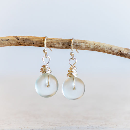 LIGHT AQUA WIRE WRAPPED COASTAL GLASS EARRINGS | SILVER PLATED