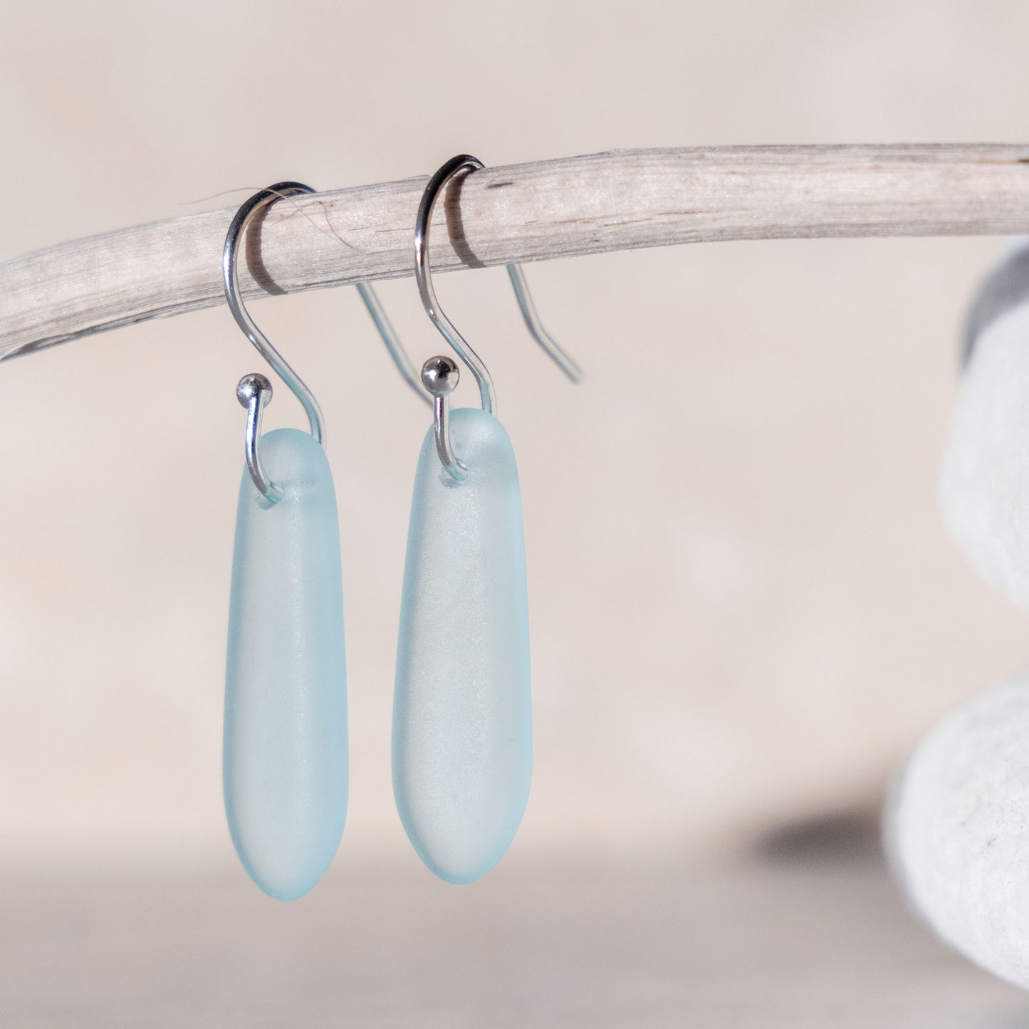COASTAL GLASS SILVER PLATED EARRINGS - LIGHT AQUA TEARDROP