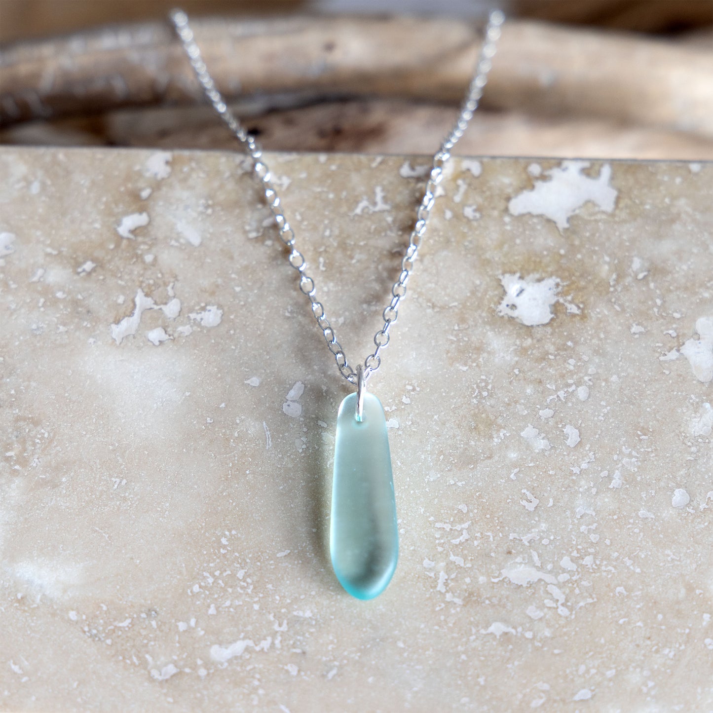 LIGHT AQUA TEARDROP COASTAL GLASS NECKLACE SILVER PLATED