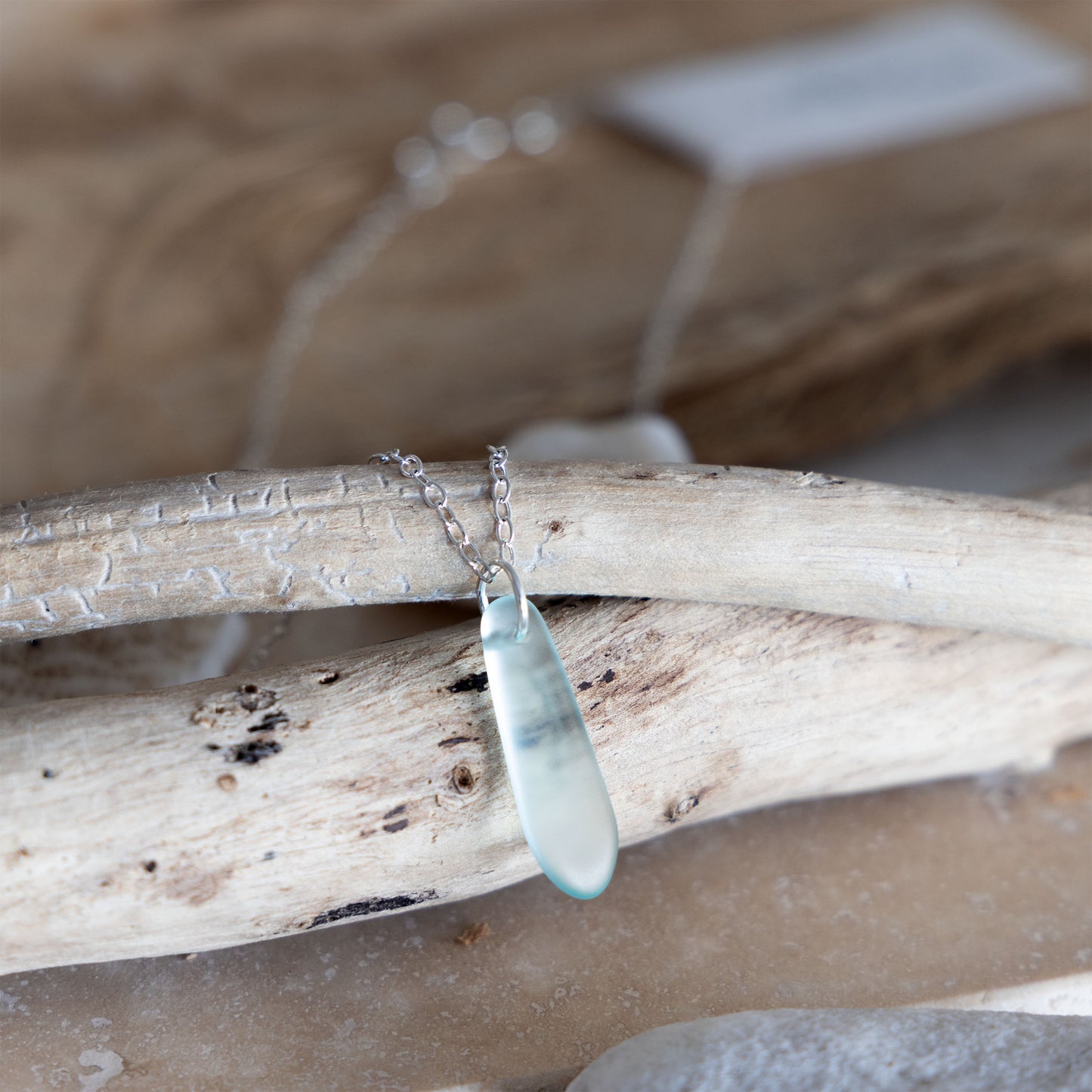 LIGHT AQUA TEARDROP COASTAL GLASS NECKLACE SILVER PLATED