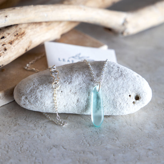 LIGHT AQUA TEARDROP COASTAL GLASS NECKLACE SILVER PLATED