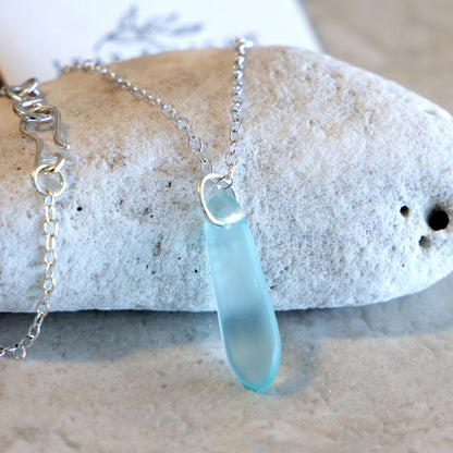 LIGHT AQUA TEARDROP COASTAL GLASS NECKLACE SILVER PLATED