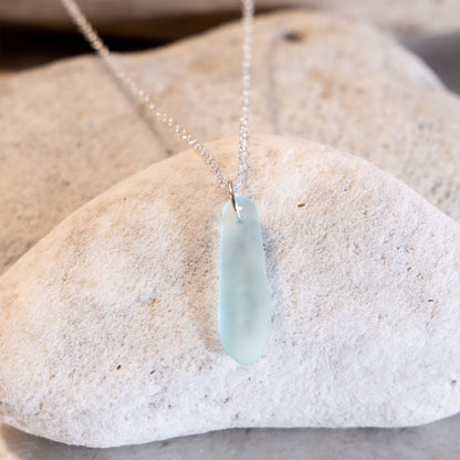 LIGHT AQUA TEARDROP COASTAL GLASS NECKLACE | STERLING SILVER