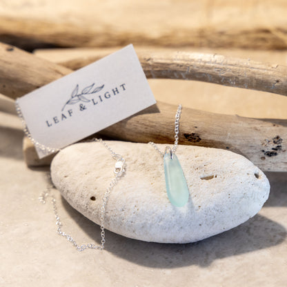 LIGHT AQUA TEARDROP COASTAL GLASS NECKLACE | STERLING SILVER