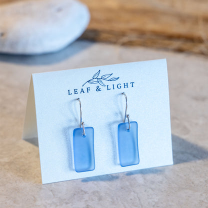 SKY BLUE RECTANGLE COASTAL GLASS EARRINGS | SILVER PLATED