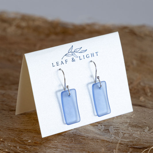 SKY BLUE RECTANGLE COASTAL GLASS EARRINGS | SILVER PLATED