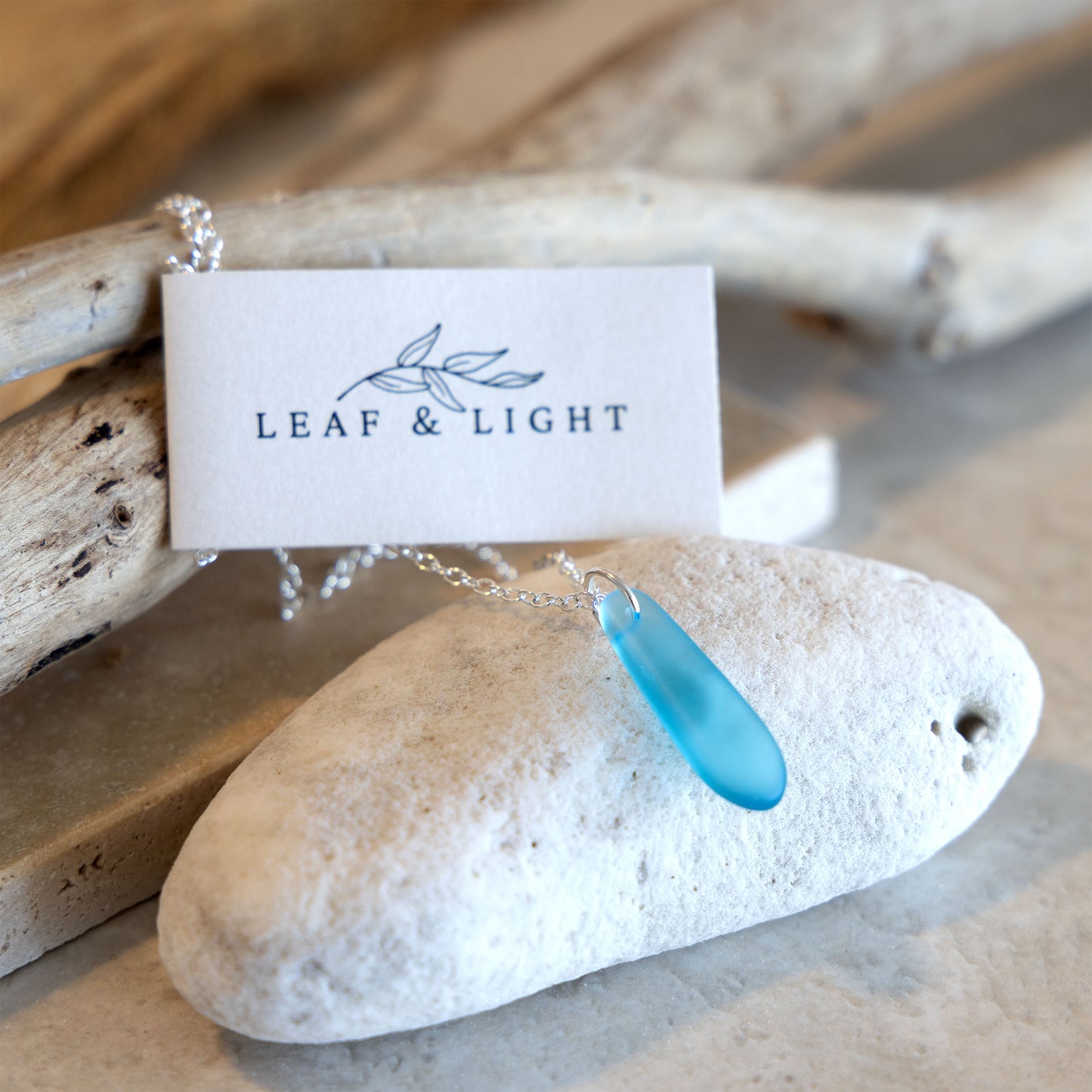 LIGHT TURQUOISE TEARDROP COASTAL GLASS NECKLACE | SILVER PLATED