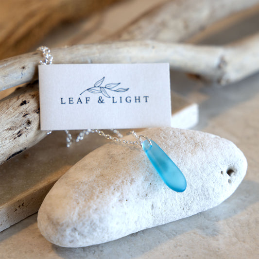 LIGHT TURQUOISE TEARDROP COASTAL GLASS NECKLACE | SILVER PLATED