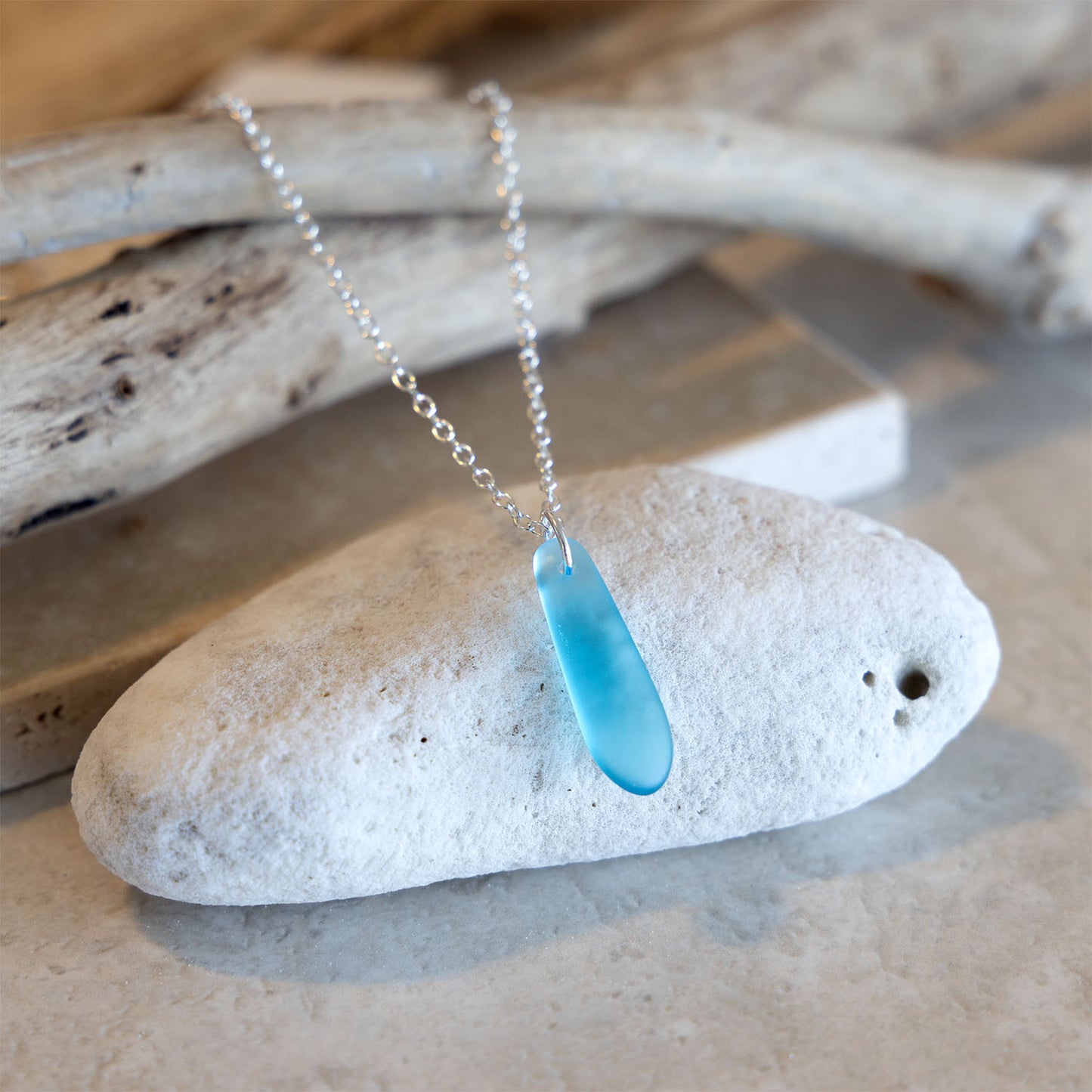 LIGHT TURQUOISE TEARDROP COASTAL GLASS NECKLACE | SILVER PLATED