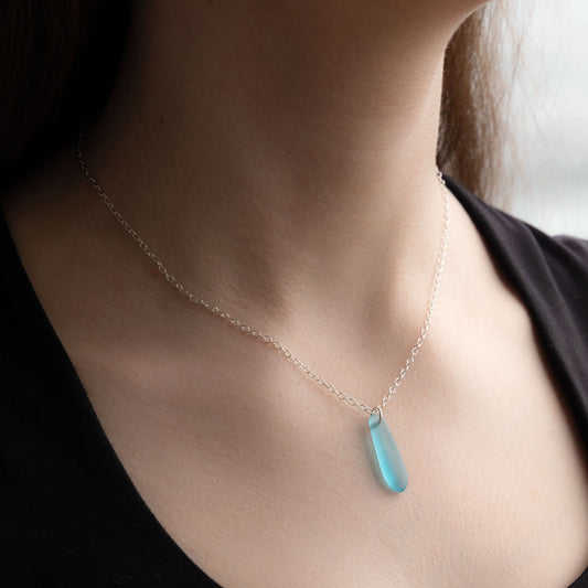 LIGHT TURQUOISE TEARDROP COASTAL GLASS NECKLACE | SILVER PLATED