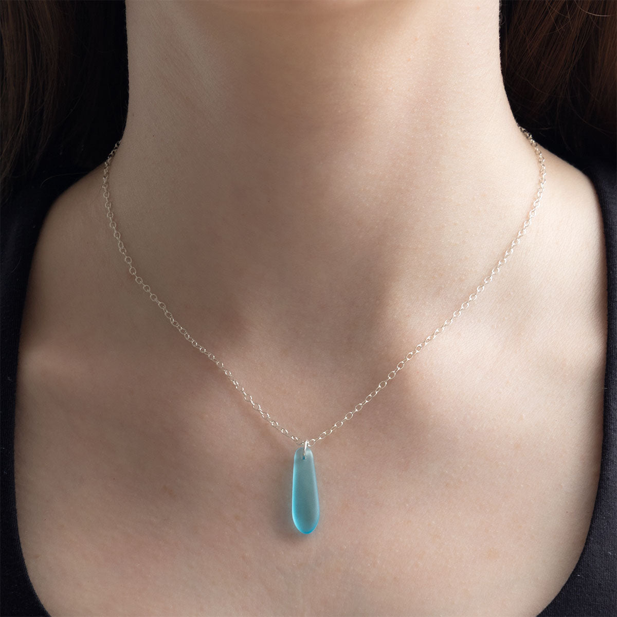 LIGHT TURQUOISE TEARDROP COASTAL GLASS NECKLACE | SILVER PLATED