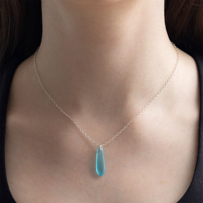 LIGHT TURQUOISE TEARDROP COASTAL GLASS NECKLACE | SILVER PLATED