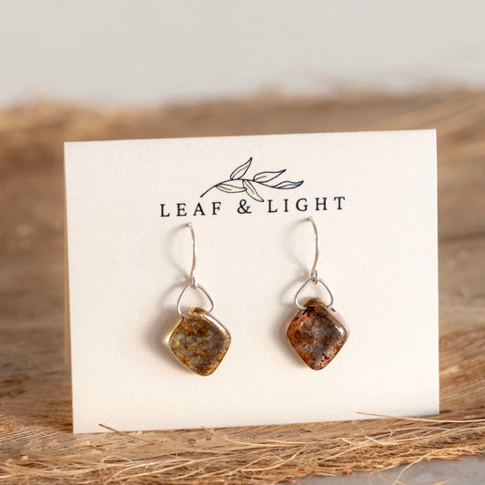 BROWN LUSTER SQUARE GLASS EARRINGS | STERLING SILVER