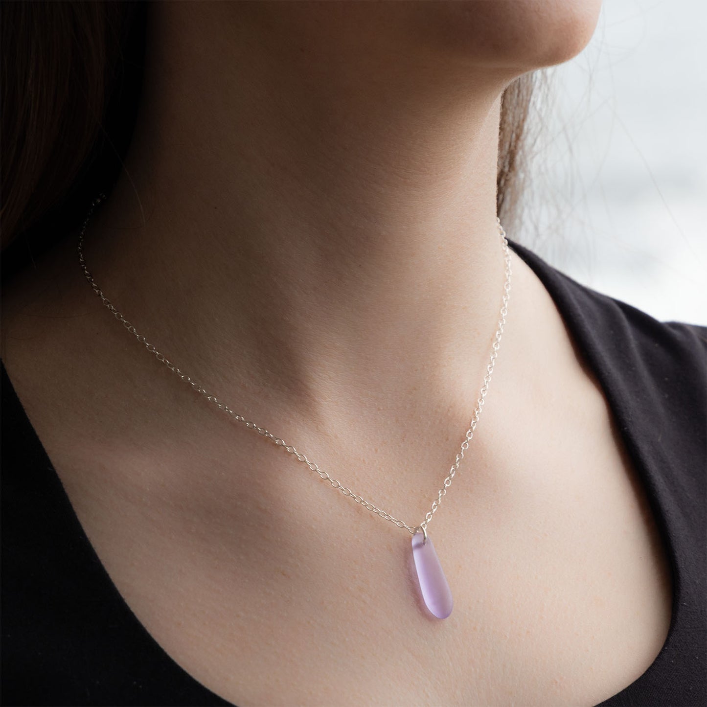 LAVENDER BLUE TEARDROP COASTAL GLASS NECKLACE | SILVER PLATED