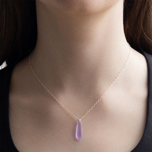 LAVENDER BLUE TEARDROP COASTAL GLASS NECKLACE | SILVER PLATED