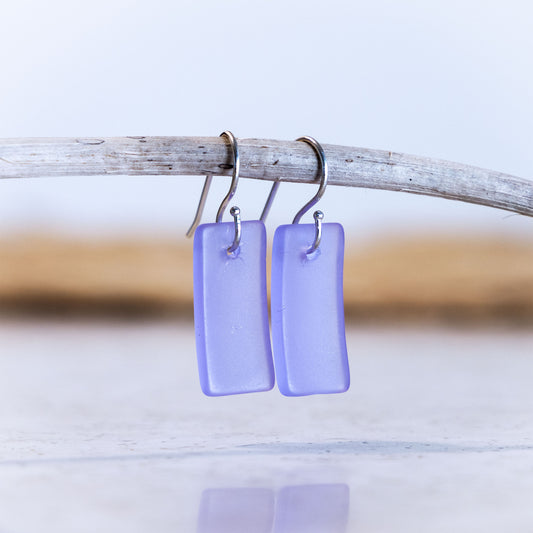 LAVENDER BLUE RECTANGLE COASTAL GLASS EARRINGS | STERLING SILVER