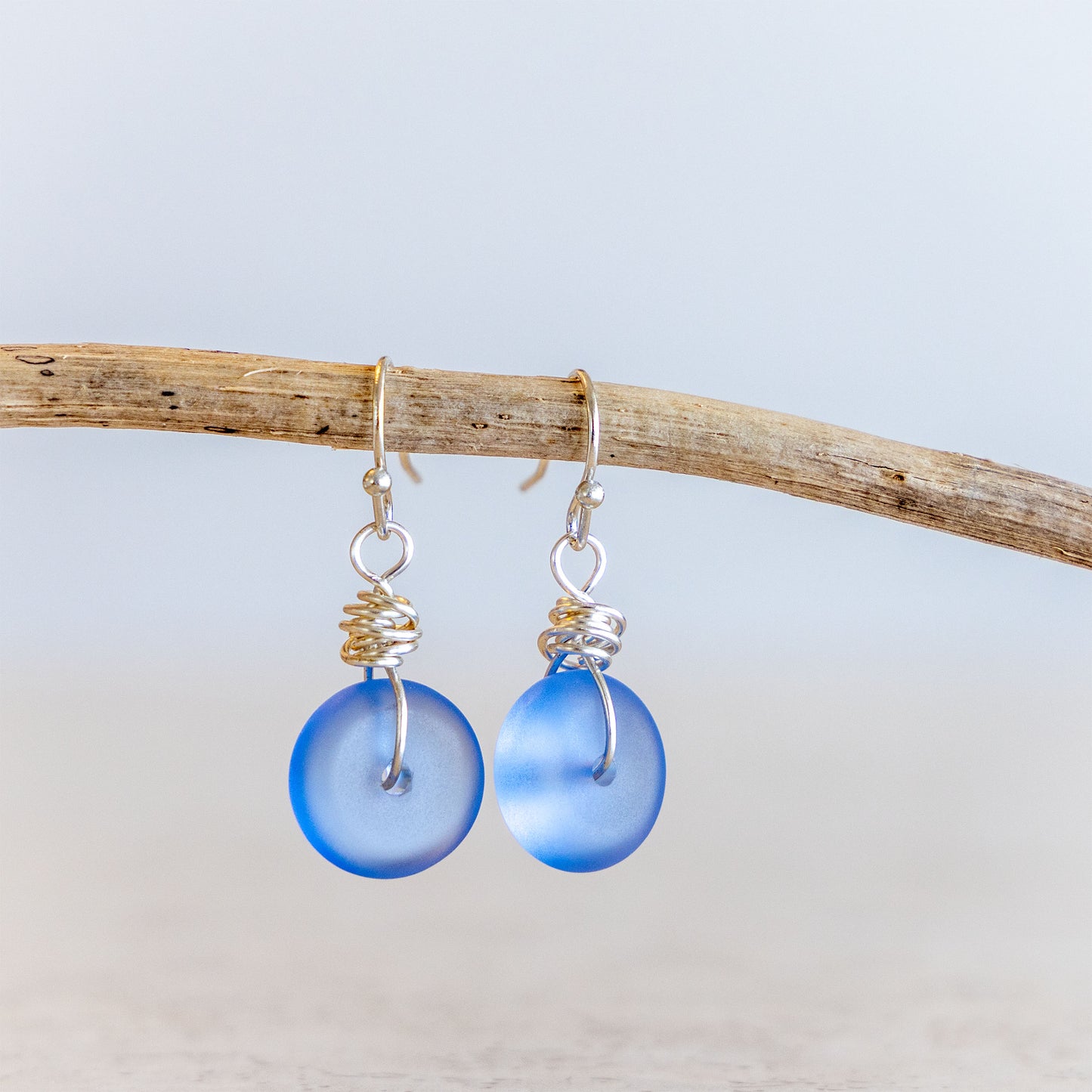 SKY BLUE WIRE WRAPPED COASTAL GLASS EARRINGS | SILVER PLATED