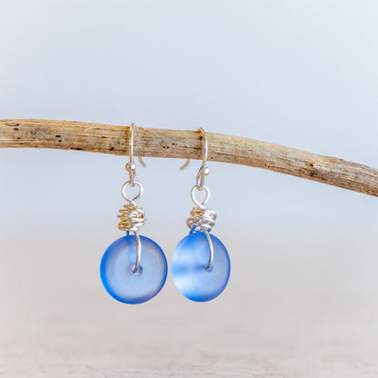 SKY BLUE WIRE WRAPPED COASTAL GLASS EARRINGS | SILVER PLATED