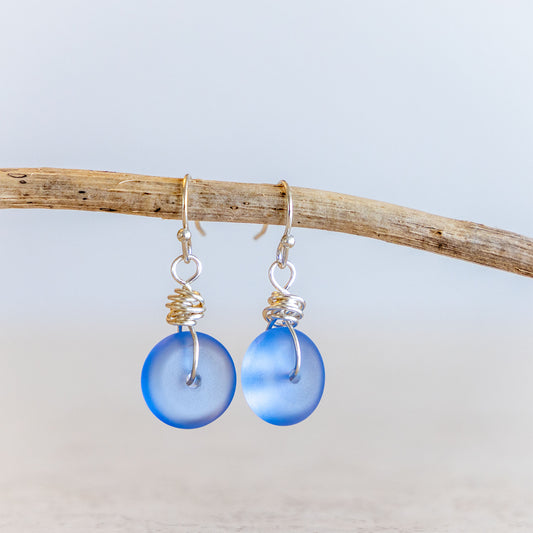 SKY BLUE WIRE WRAPPED COASTAL GLASS EARRINGS | SILVER PLATED