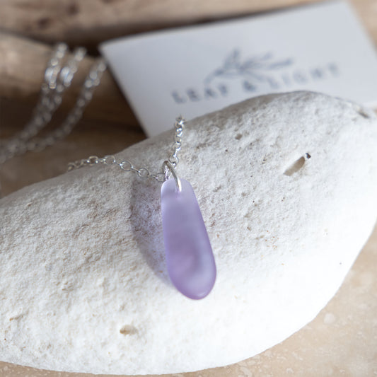 LAVENDER BLUE TEARDROP COASTAL GLASS NECKLACE | SILVER PLATED