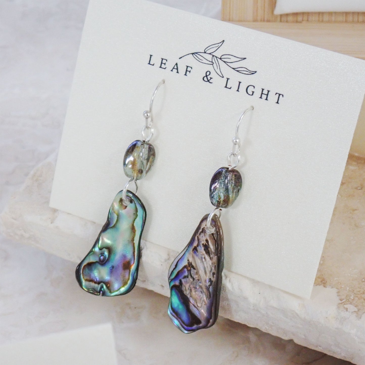 PAUA SHELL EARRINGS WITH VINTAGE GLASS | SILVER PLATED DANGLY EARRINGS