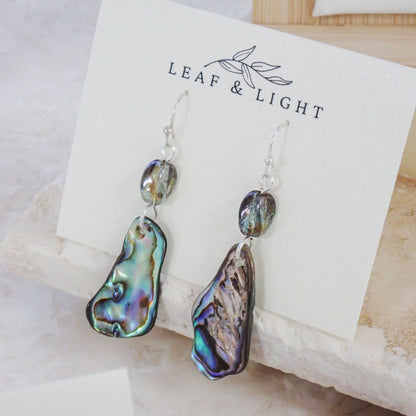 PAUA SHELL EARRINGS WITH VINTAGE GLASS | SILVER PLATED DANGLY EARRINGS