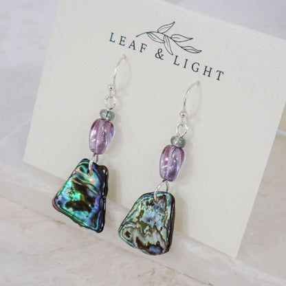 PAUA SHELL EARRINGS WITH VINTAGE GLASS | SILVER PLATED DANGLY EARRINGS