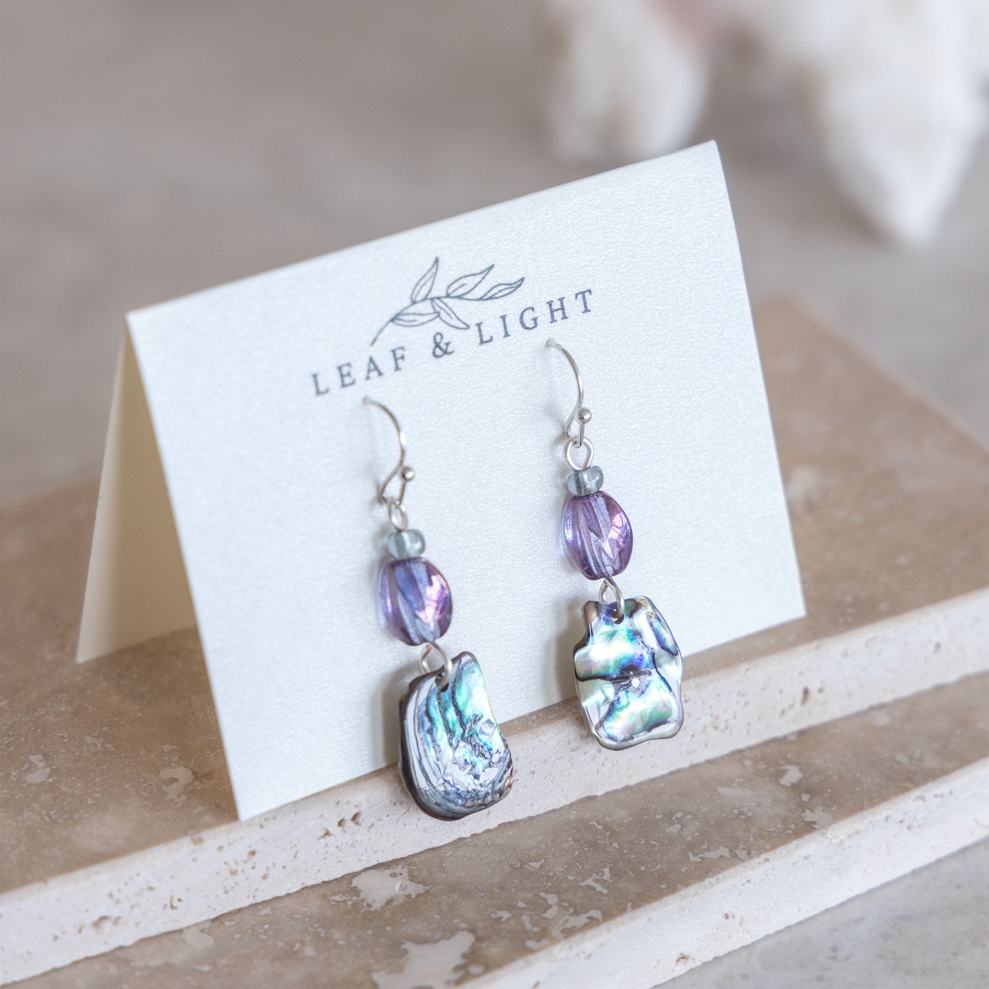 PAUA SHELL EARRINGS WITH VINTAGE GLASS | SILVER PLATED DANGLY EARRINGS