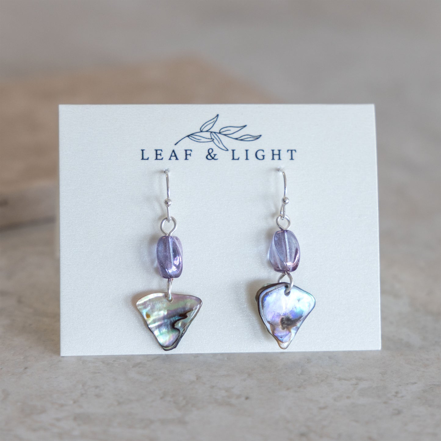 PAUA SHELL EARRINGS WITH VINTAGE GLASS | SILVER PLATED DANGLY EARRINGS