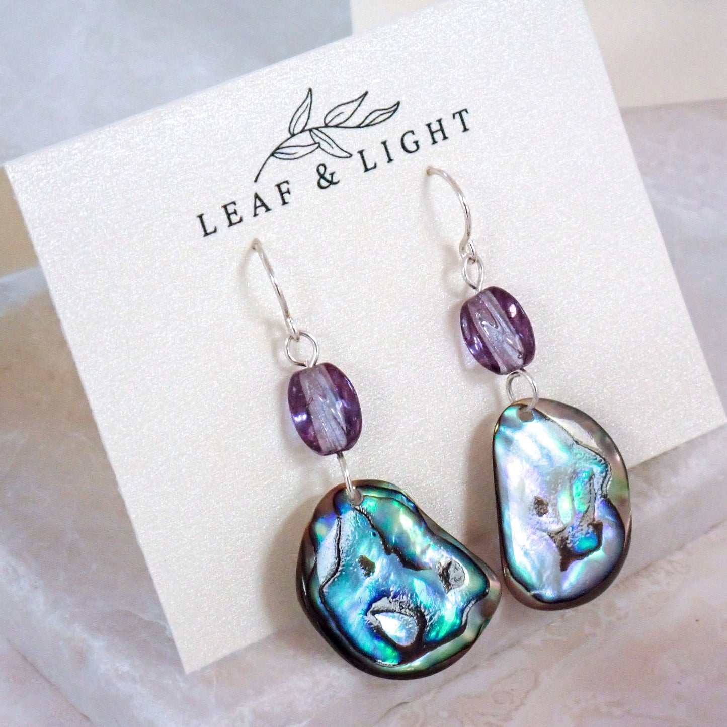 PAUA SHELL EARRINGS WITH VINTAGE GLASS | STERLING SILVER DANGLY EARRINGS