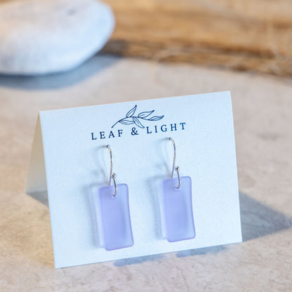 LAVENDER BLUE RECTANGLE COASTAL GLASS EARRINGS | SILVER PLATED