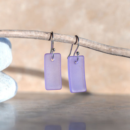 LAVENDER BLUE RECTANGLE COASTAL GLASS EARRINGS | SILVER PLATED