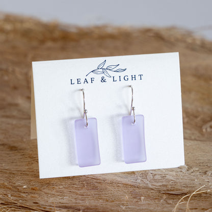 LAVENDER BLUE RECTANGLE COASTAL GLASS EARRINGS | SILVER PLATED