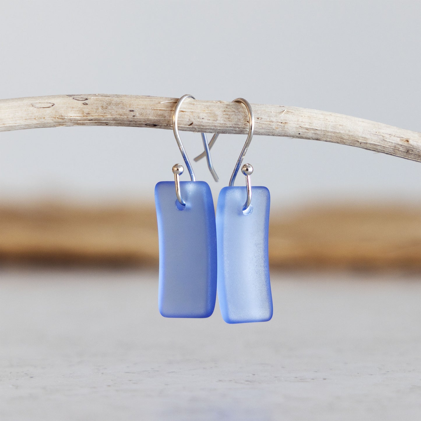 SKY BLUE RECTANGLE COASTAL GLASS EARRINGS | SILVER PLATED
