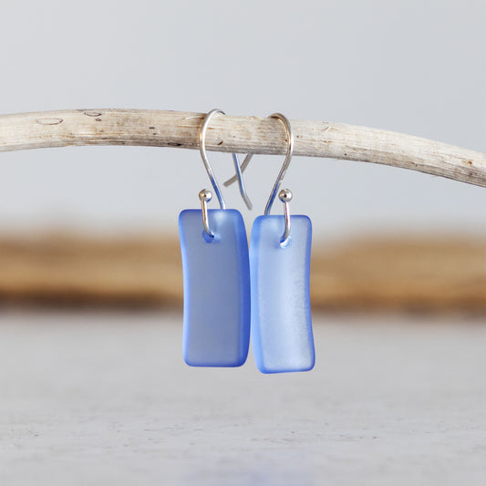 SKY BLUE RECTANGLE COASTAL GLASS EARRINGS | SILVER PLATED